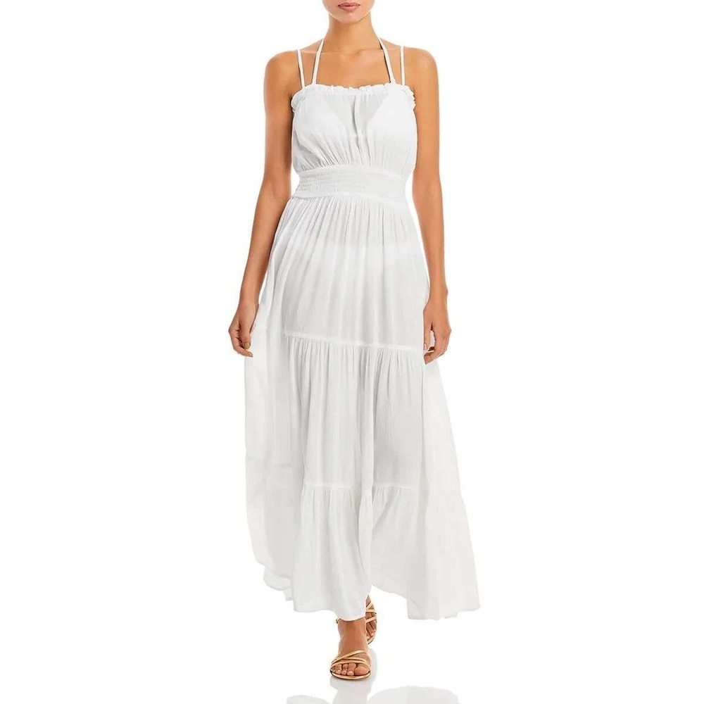 Aqua Swim‎ Women's Smocked Tiered Cover-Up Maxi Dress White S New With Tags